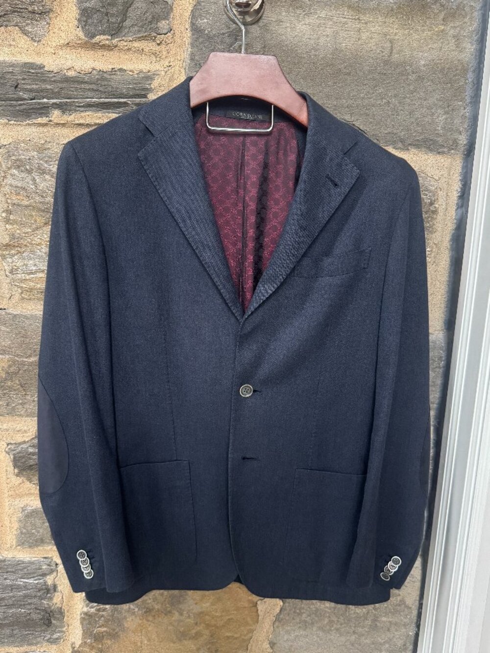 $1200 Conelliani ID Navy blue Herringbone Blazer Made in Italy 50 M/L 100% coton